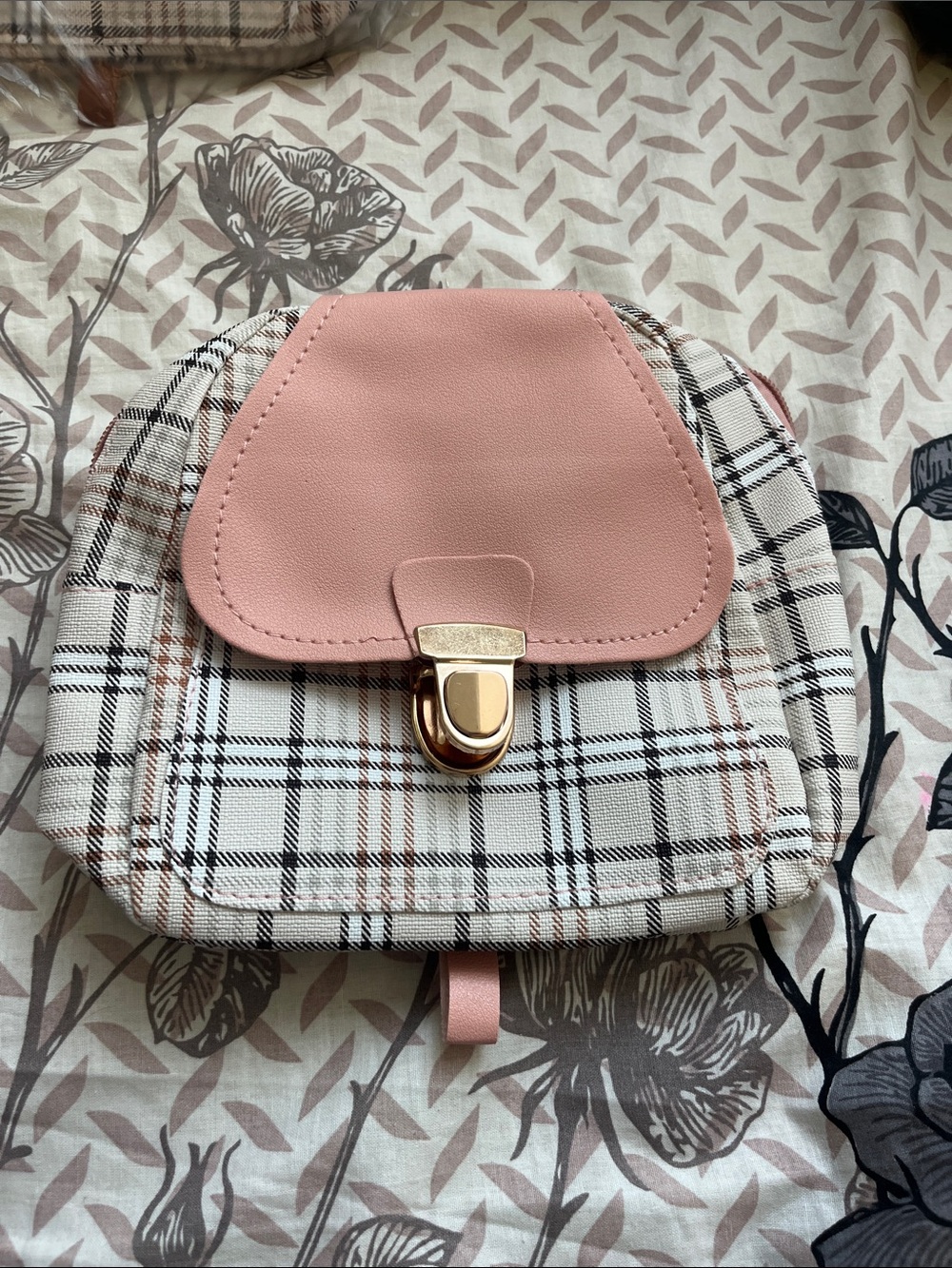 Plaid Pink Mini Backpack with Gold Clasp